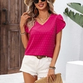 Women's rose red Swiss dot V-neck blouse with ruffled short sleeves for summer vacation - S / Rose Red