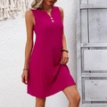 Elegant rose red V-neck sleeveless pleated A-line dress with decorative buttons - S / Rose Red