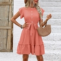 Robe ligne A corail à pois avec manches volantées et ceinture réglable à la taille - Rose Pastèque