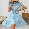 Elegante abito estivo azzurro a pois con maniche a volant e cintura in vita - S / Blu
