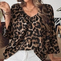 Damen V-Ausschnitt Bluse mit Leopardenmuster, Faltenkragen und eleganten Dreiviertelärmeln - S / Leopardenmuster