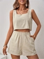 Women's backless crop top and shorts two-piece lounge set in beige linen fabric - S / Apricot