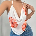 Top sexy allacciato al collo con stampa floreale bianca e arancione per vacanze estive - S / Bianco