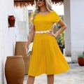 Short-sleeve bright yellow pleated dress for women with a contrasting white belt - Yellow