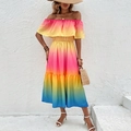 Regenboog gradiënt off-shoulder jurk met gelaagde ruches en een hoge taille A-lijn fit - S / Meerkleurig