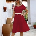Short-sleeved red pleated A-line dress with white belt for elegant summer daily wear - Burgundy