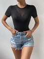 Body sexy negro ajustado para mujer con cuello en V de malla y manga corta para verano - S / Negro