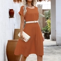 Short sleeve pleated A-line dress in burnt orange with a slim white leather belt - Coffee Brown