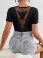 Body de mujer negro de manga corta con bordado de mariposa de encaje en espalda de malla - S / Negro