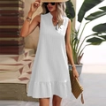 White sleeveless V-neck pleated A-line dress with ruffle hem for summer beach vacation wear - S / White