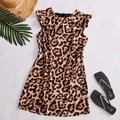 Women's A-line leopard print dress with ruffle sleeves and a back neck tie detail - S / Brown Leopard