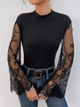Body nero slim da donna con maniche lunghe in pizzo floreale e design a collo alto - S / Nero
