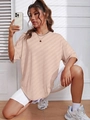 Detail of oversized crew neck short sleeve T-shirt in apricot with dropped shoulders - Apricot