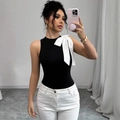 Elegant sleeveless black knit top with a large white satin bow detail on the shoulder - S / Black