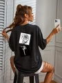 Damen Casual T-Shirt in Schwarz, lockere Passform mit Rosen-Print und Rundhalsausschnitt - S / Schwarz