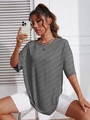 Women's loose casual dark grey crew neck short sleeve T-shirt with drop shoulder design - S / Gray