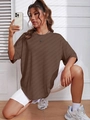 Women's oversize dark brown short sleeve T-shirt with a casual round neck and dropped shoulders - S / Coffee