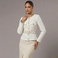 Weiße Tweed-Jacke für Damen mit goldenen Knöpfen und passendem Taillengürtel - S / Aprikose (Ohne Gürtel)