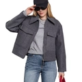 Chaqueta de lana gris oscuro para mujer con cuello de solapa, bolsillos y cremallera - XS / Gris