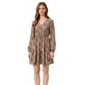 Elegant tan V-neck long sleeve A-line dress with black abstract mesh print and elastic waist - S / Brown