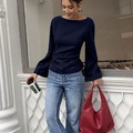 Elegant navy off-shoulder shirt with bell sleeves and cinched waist for a casual urban look - S / Navy Blue