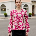 Chemisier femme à col en V et manches longues rose rouge à imprimé floral - S / Rose