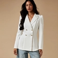 Elegante witte blazer met dubbele rij knopen, gouden knopen en slim-fit voor dames - S / Wit