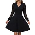Elegant women's black V-neck lace long sleeve A-line dress for formal occasions - S / Black
