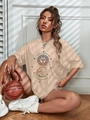 Oversized beige round neck T-shirt with sun and moon print and basketball shaped handbag - S / Khaki