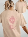 Women's apricot cotton T-shirt with bohemian sun and moon print on the back - S / Khaki