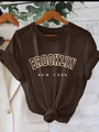 Women's dark brown Brooklyn New York printed T-shirt in relaxed American casual style - S / Coffee