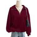 Übergroßes weinrotes Sweatshirt mit halbem Reißverschluss und warmem Fleecefutter für Damen - S / Burgunderrot