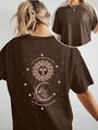 Women's dark coffee oversized cotton T-shirt featuring sun and moon back graphic art - S / Coffee