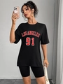 Damen Oversize T-Shirt in Schwarz mit Los Angeles 91 Print und lässigen Überschnittenen - S / Schwarz