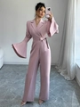 Elegant mauve long sleeve jumpsuit with flared sleeves and wrap tie waist for women - S / Light Purple