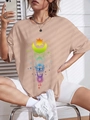 Women loose khaki T-shirt with bohemian sun and moon print and casual round neck - S / Khaki