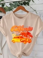 Women's apricot round neck cotton T-shirt with vintage California car print design - S / Khaki