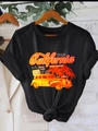 Black crew neck T-shirt featuring vintage California car print and retro palm trees - S / Black