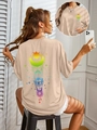 Women's beige oversized crewneck T-shirt featuring celestial sun and moon prints - S / Khaki