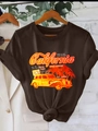 Women's dark brown cotton T-shirt with vintage California car print and knotted waist - S / Coffee