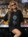 Oversized Damen T-Shirt in Schwarz mit Sonne-Mond-Grafik im Cyberpunk-Industrie-Look - S / Schwarz