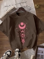 Dunkelbraunes T-Shirt mit Rundhalsausschnitt und rosa böhmischem Himmels-Grafikdruck - S / Kaffeebraun