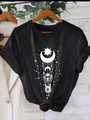 Black crew neck T-shirt with white celestial sun and moon print on a wooden hanger - S / Black