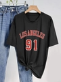 Damen T-Shirt in Schwarz mit LOS ANGELES 91 Print und stylischem Knoten am Saum - S / Schwarz