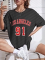 T-shirt nera oversize da donna con stampa Los Angeles 91 e girocollo in stile sportivo retrò - S / Nero