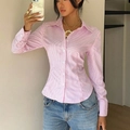 Schicke gestreifte langarm Bluse mit tailliertem Schnitt für Damen in Rosa-Weiß - S / Rosa