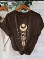 Brown short sleeve t-shirt with sun and moon graphic and stylish knotted hem detail - S / Coffee