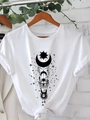 Women's white cotton t-shirt with mystic sun and moon graphic and knotted waist hem - S / White