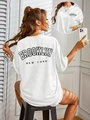 Women's white loose cotton T-shirt with Brooklyn New York print back and front view - S / White