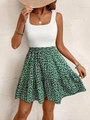 Women's summer vacation set with white square neck tank top and green floral A-line skirt - S / Green